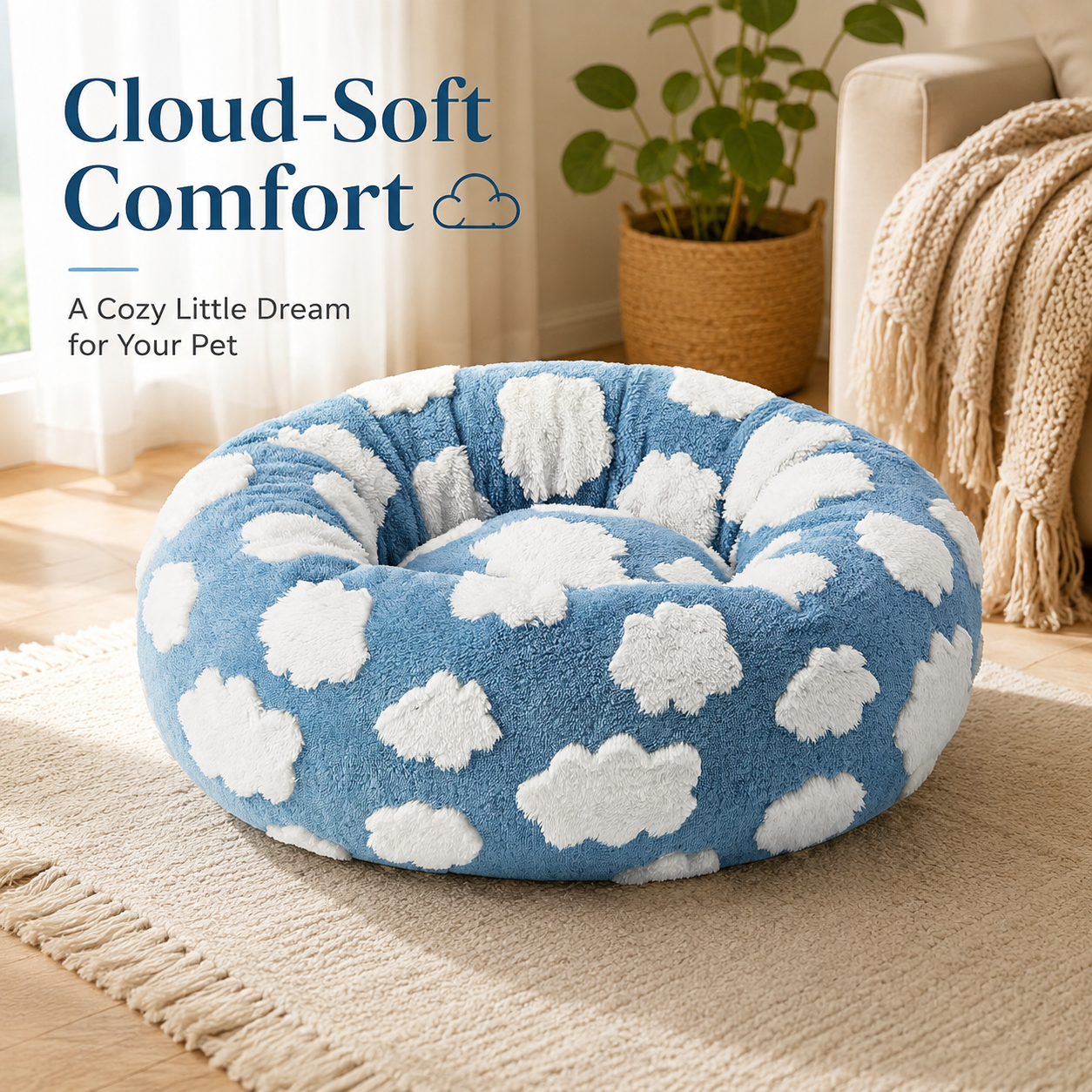 Medium Large Pet Donut Bed (Blue background with white clouds)-100cm outer — image 1