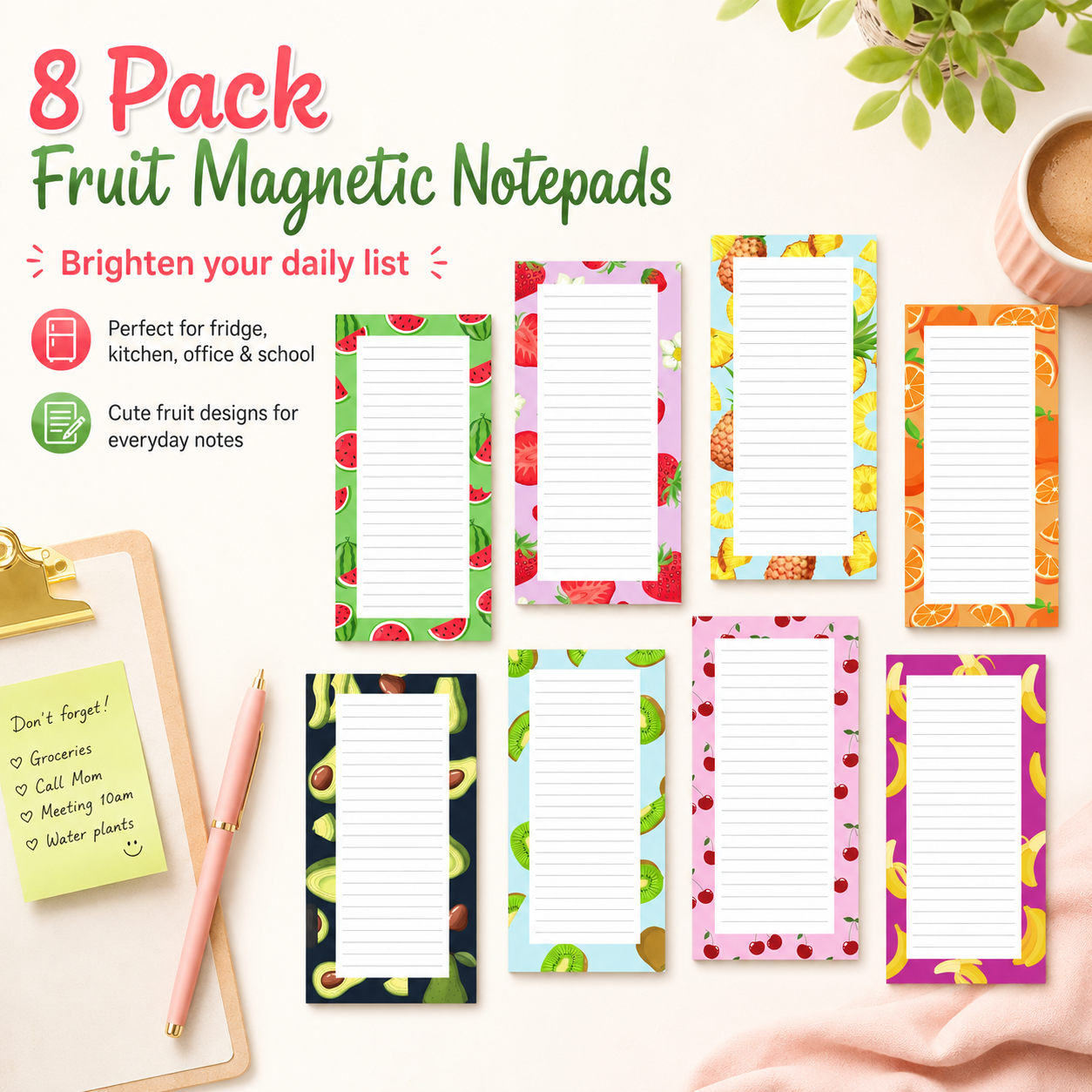 8 Pack Fruit Magnetic Notepads for Fridge(Type B) — image 1