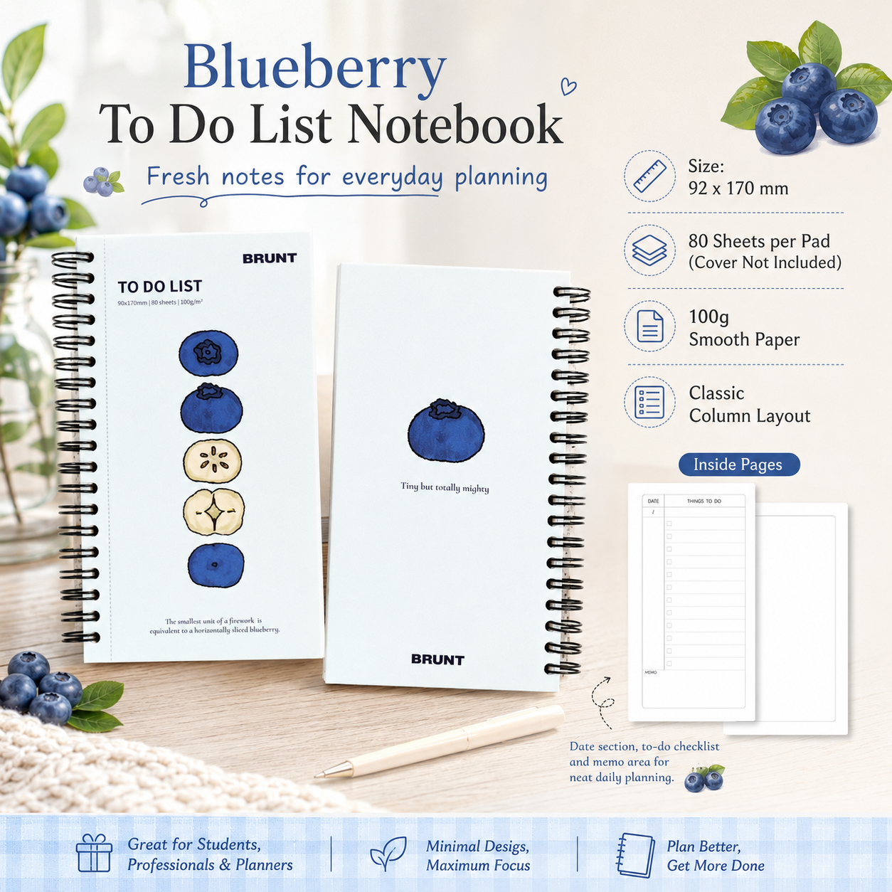 Fruit Series To Do List Notebook (Blueberry) – Spiral Bound Journal with Cute — image 1