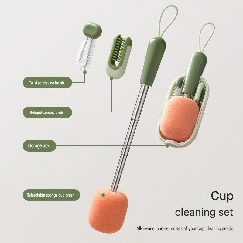 Green Portable 3-in-1 Cup Cleaning Brush Set with 3 Replacement Sponge Heads view 2