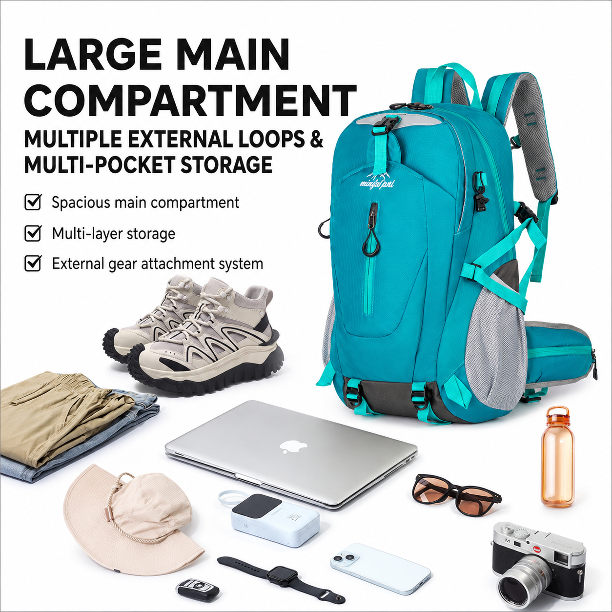 Lake Blue Hiking Backpack with 5 Carabiners Included – Lightweight Waterproof view 2