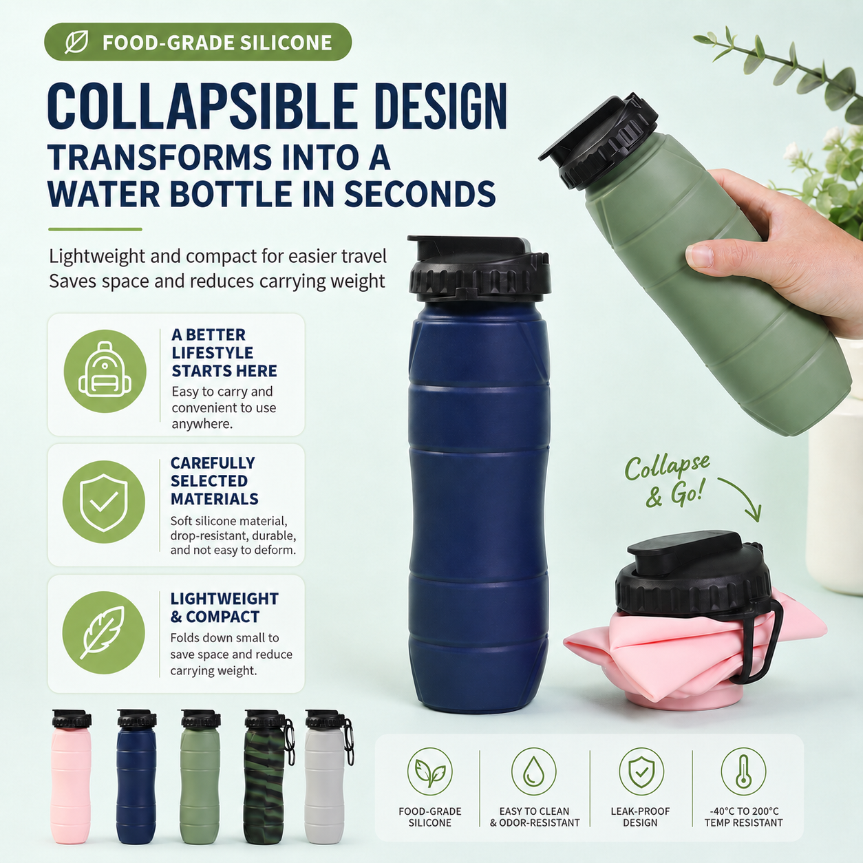 Gray Collapsible Silicone Water Bottle - 650ml Foldable Travel Bottle with view 2