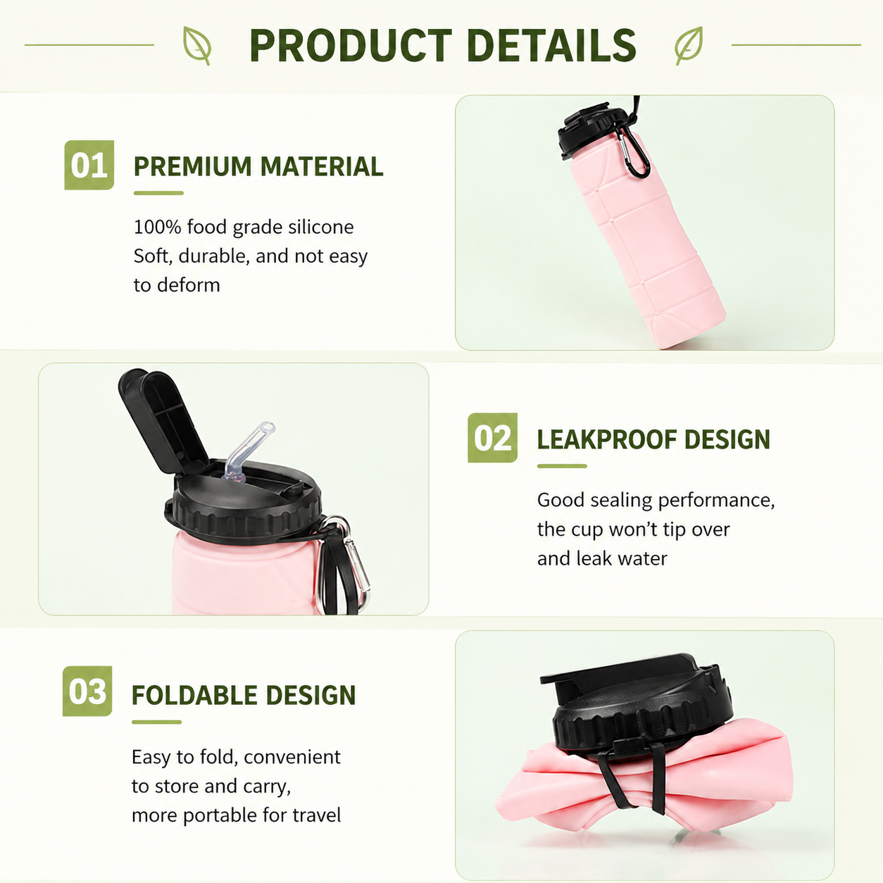 Gray Collapsible Silicone Water Bottle - 650ml Foldable Travel Bottle with view 5