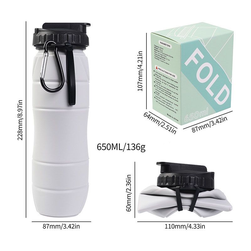 Gray Collapsible Silicone Water Bottle - 650ml Foldable Travel Bottle with view 6