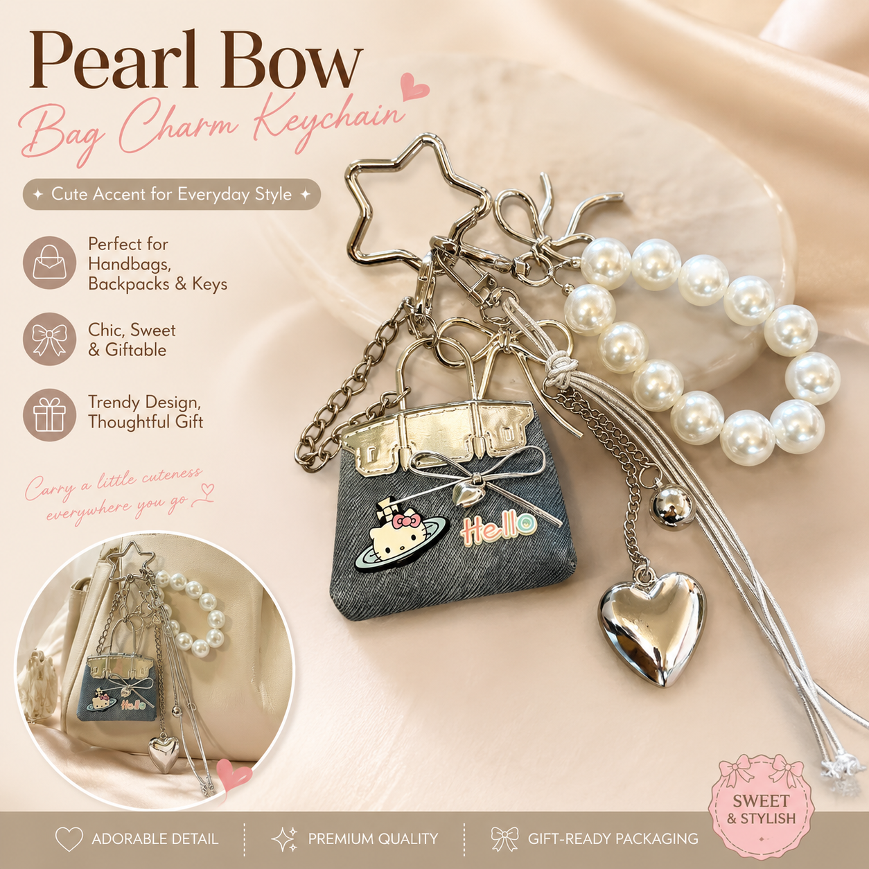 Blue Mini PU Leather Bag Charm Keychain with Pearl Bow Pendant Cute Handbag