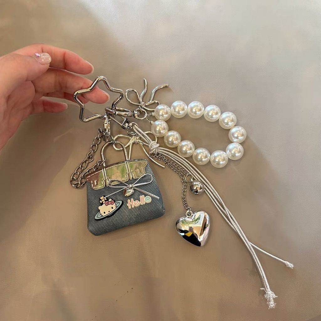 Blue Mini PU Leather Bag Charm Keychain with Pearl Bow Pendant Cute Handbag view 4