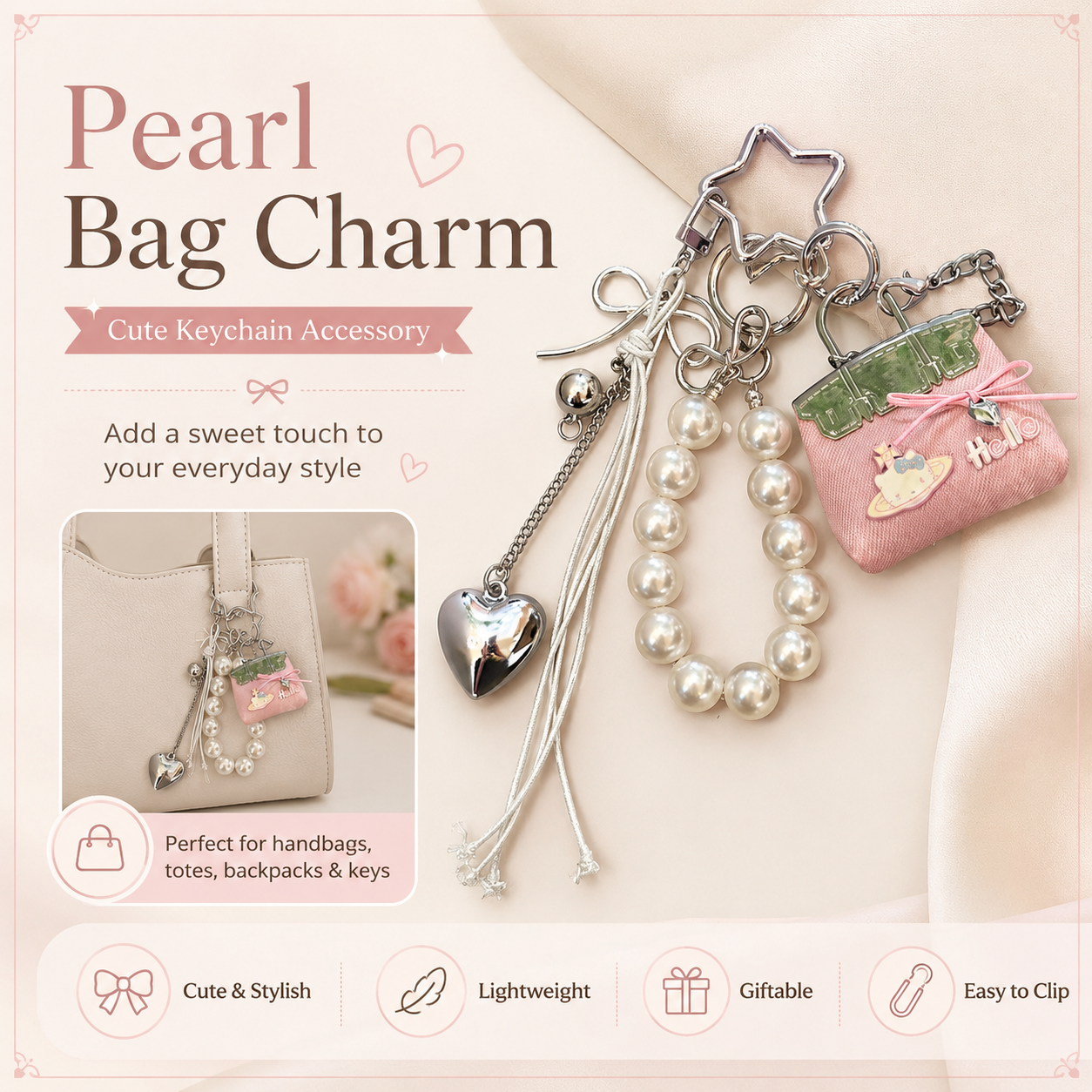 Pink Mini PU Leather Bag Charm Keychain with Pearl Bow Pendant Cute Handbag