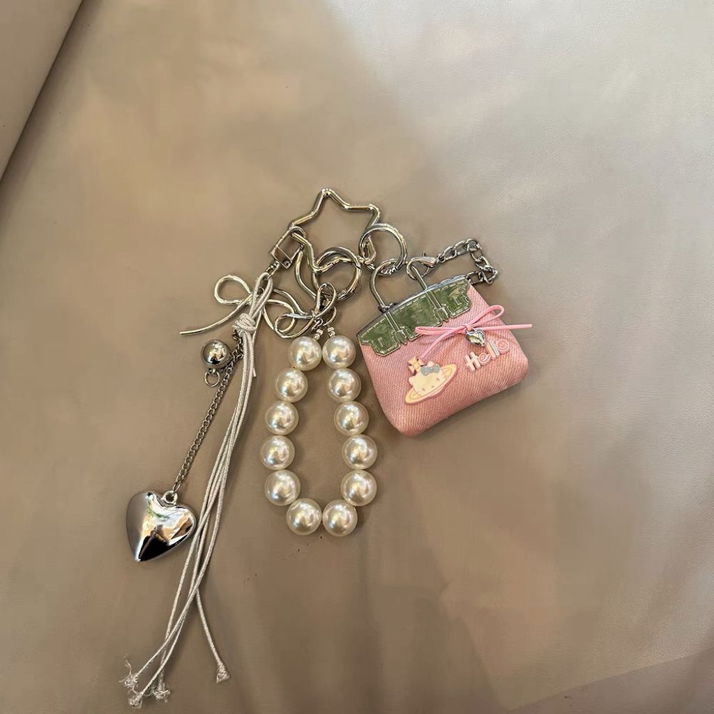 Pink Mini PU Leather Bag Charm Keychain with Pearl Bow Pendant Cute Handbag view 2