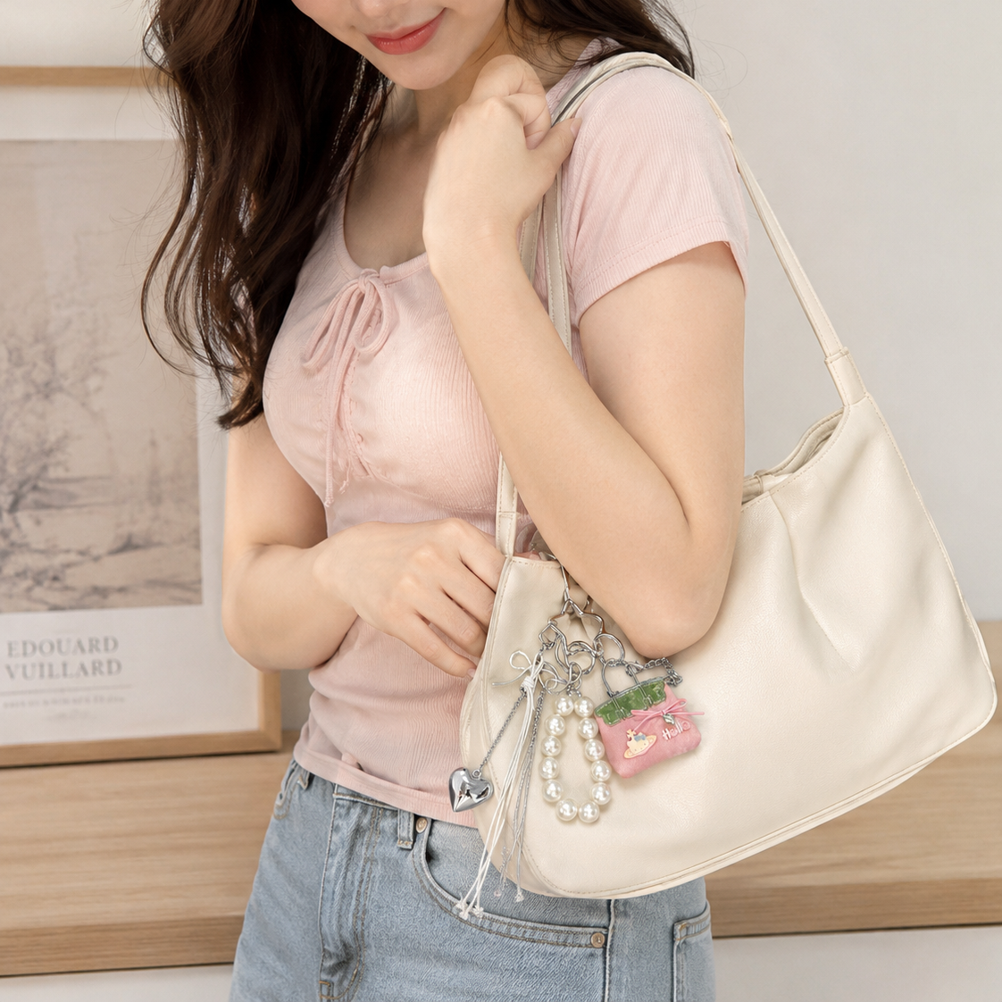 Pink Mini PU Leather Bag Charm Keychain with Pearl Bow Pendant Cute Handbag view 3