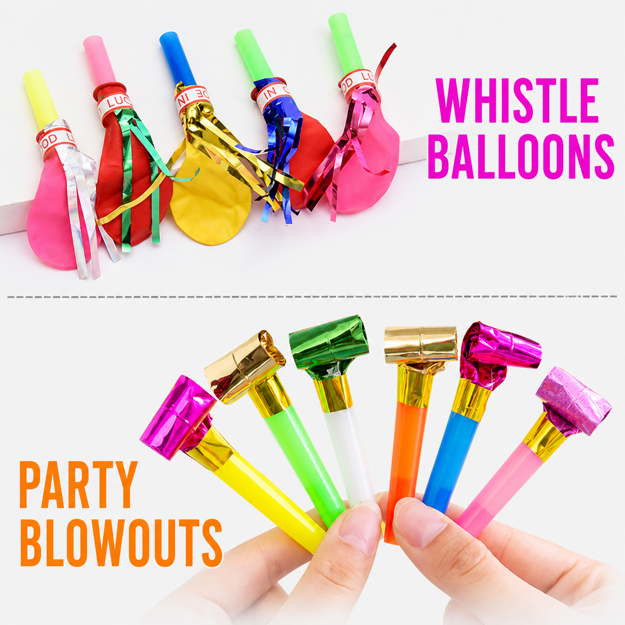 100 Piece Party Whistle and Blowout Set - 50 Whistle Balloons and 50 Party Blowers view 3