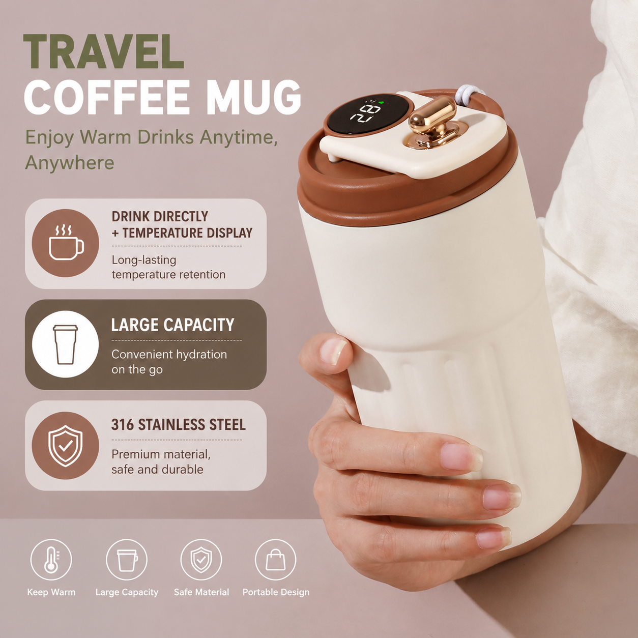 Smart Coffee Tumbler(Black lid) 450ml Vacuum Insulated Travel Mugwith view 5