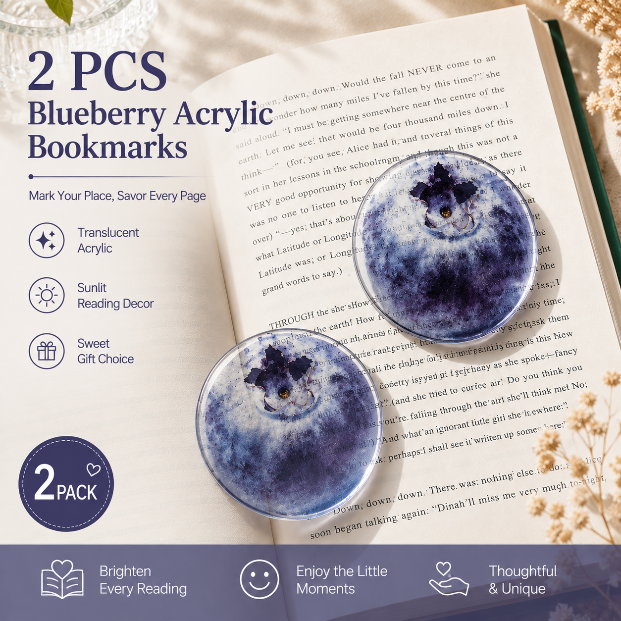 2PCS Cute Blueberries Acrylic Bookmarks Fruit Transparent Reading Bookmarks