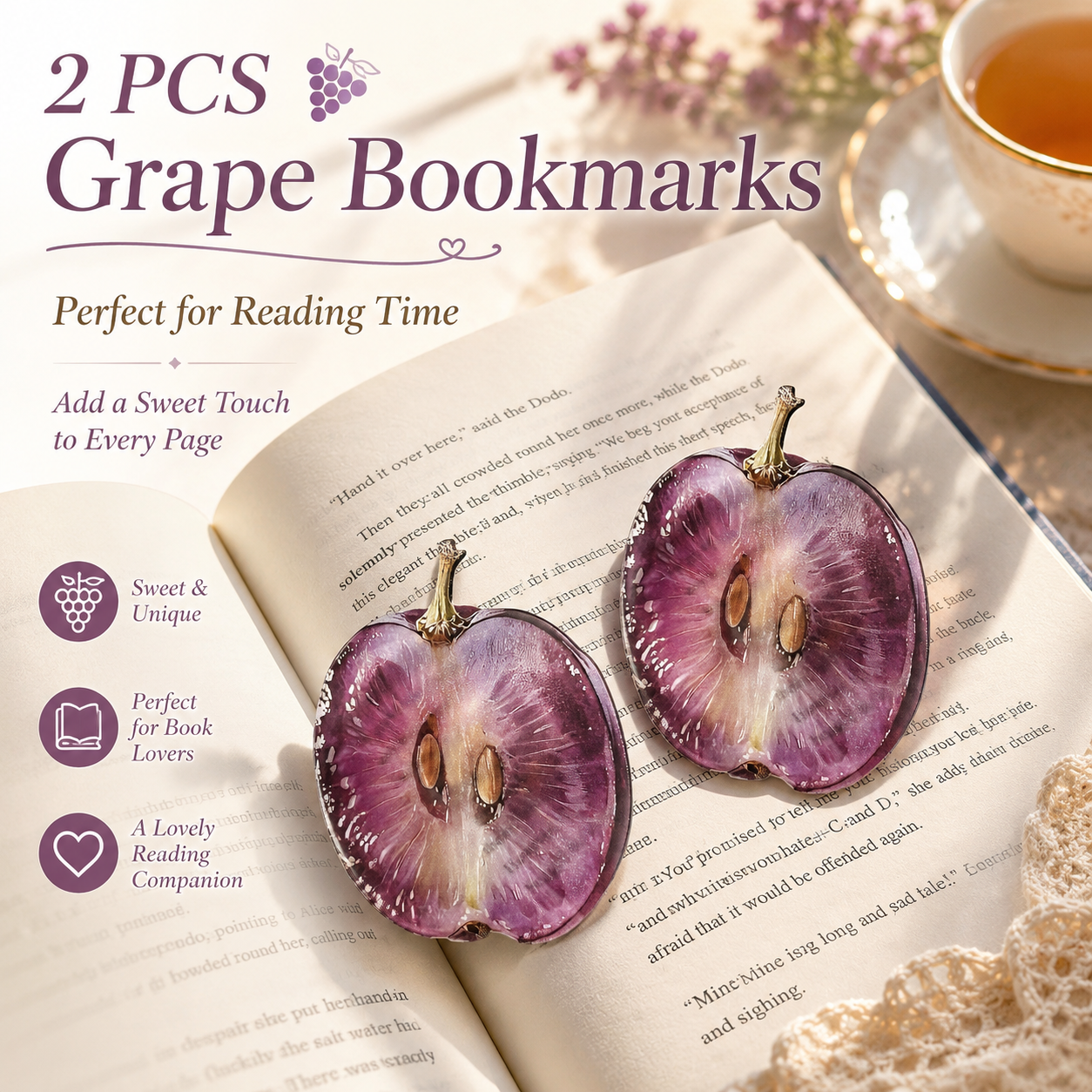 2PCS Cute Grapes Acrylic Bookmarks Fruit Transparent Reading Bookmarks