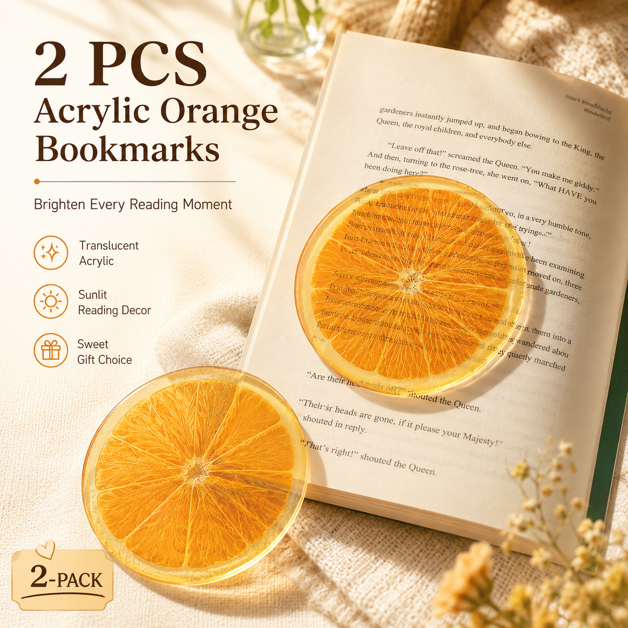 2PCS Cute Oranges Acrylic Bookmarks Fruit Transparent Reading Bookmarks