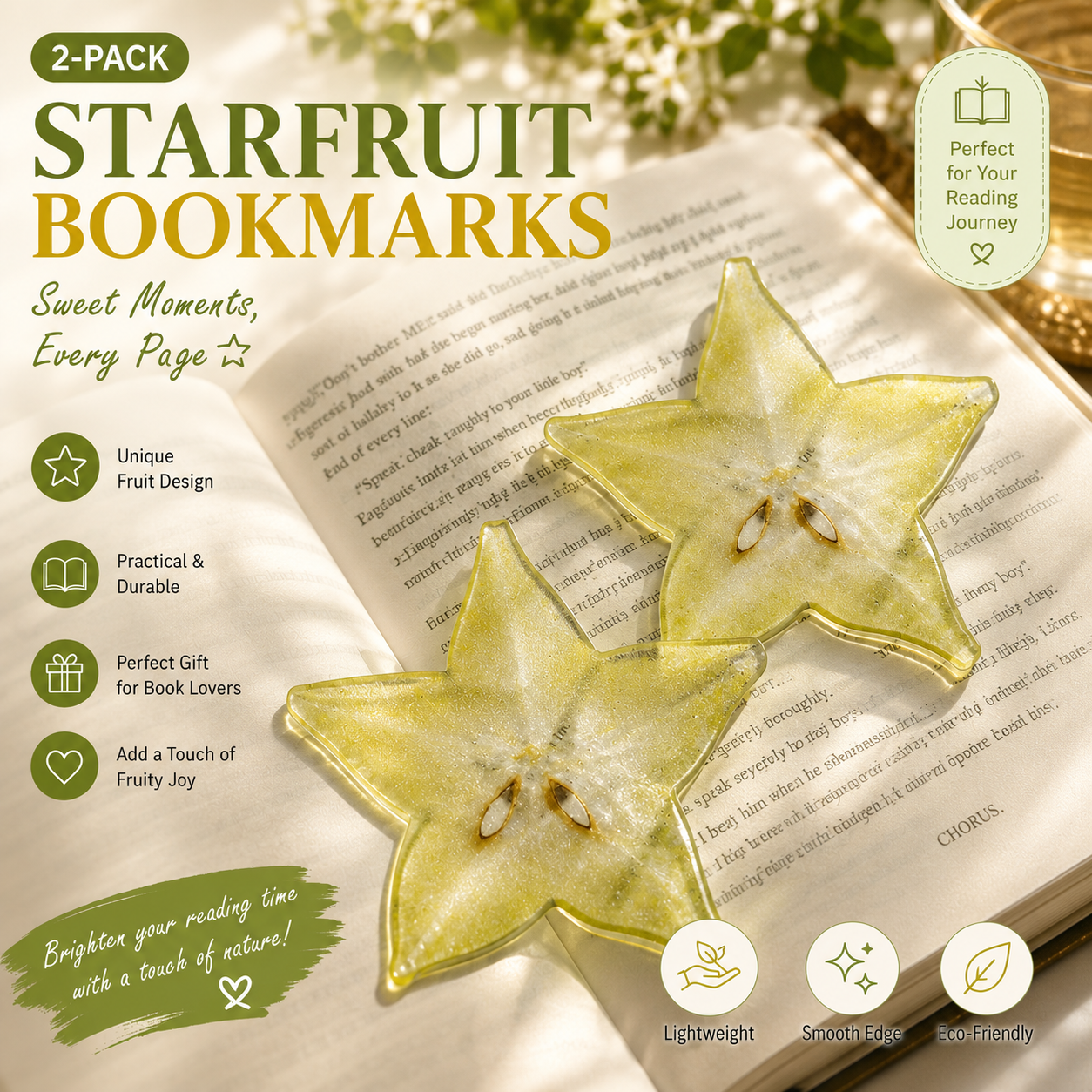 2PCS Cute Star fruit Acrylic Bookmarks Fruit Transparent Reading Bookmarks