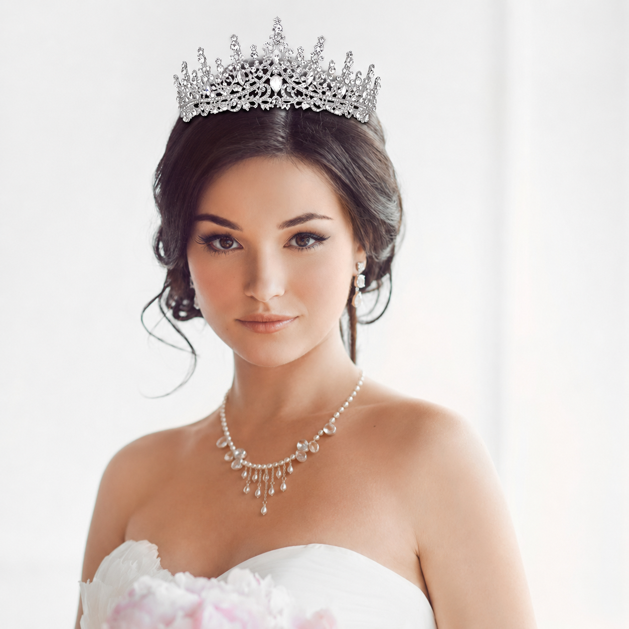 Pearl Tassel Necklace & Rhinestone Tiara Set Bridal Crown Jewelry Accessories view 3