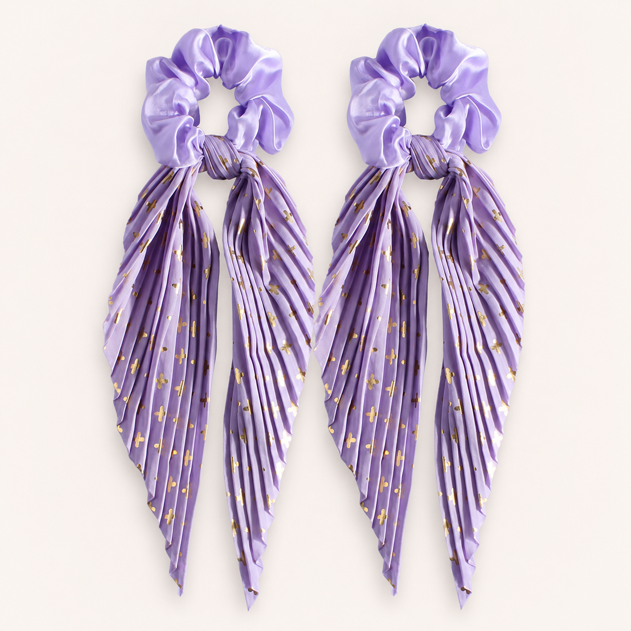 Purple Vintage Ribbon Ponytail Scrunchie 2 Pack for Women Pleated Satin Hair view 2