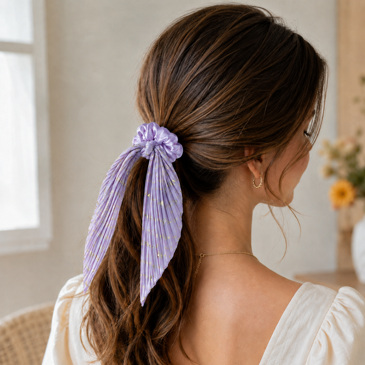 Purple Vintage Ribbon Ponytail Scrunchie 2 Pack for Women Pleated Satin Hair view 3