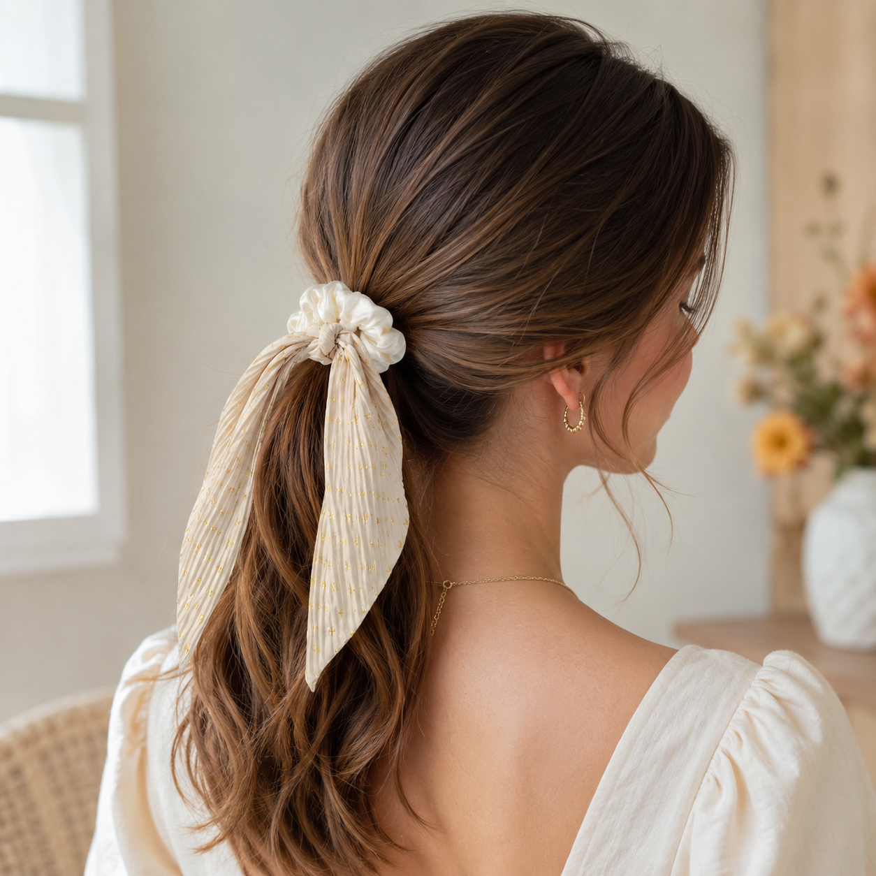 Beige Vintage Ribbon Ponytail Scrunchie 2 Pack for Women Pleated Satin Hair view 2
