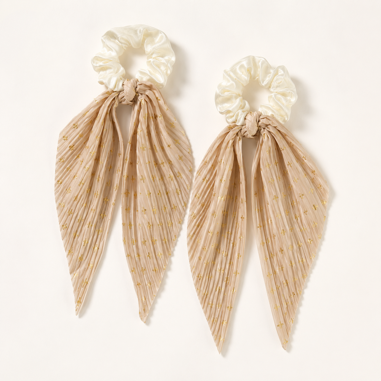 Beige Vintage Ribbon Ponytail Scrunchie 2 Pack for Women Pleated Satin Hair view 3