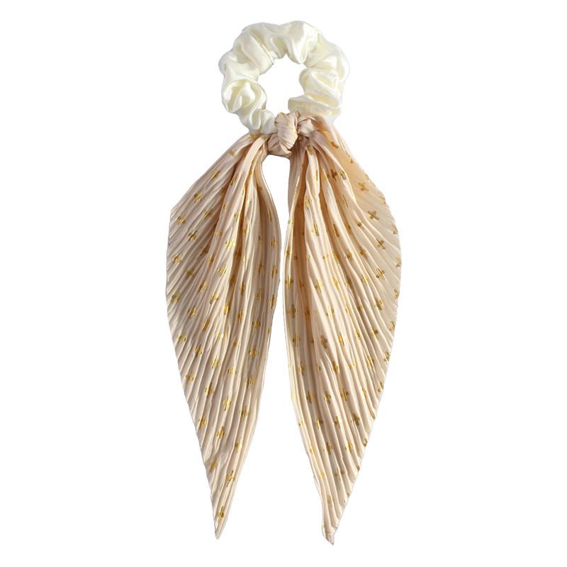 Beige Vintage Ribbon Ponytail Scrunchie 2 Pack for Women Pleated Satin Hair view 5