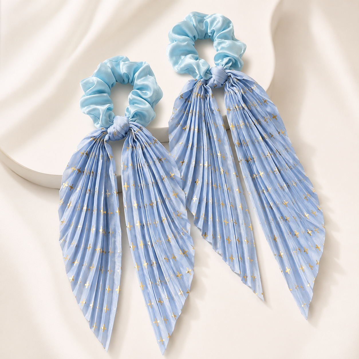 Sky Blue Vintage Ribbon Ponytail Scrunchie 2 Pack for Women Pleated Satin Hair view 2