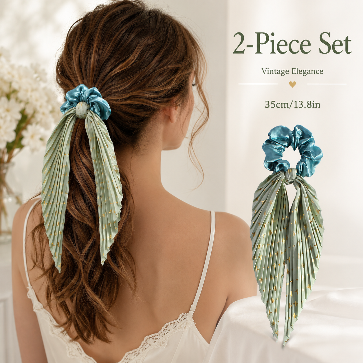Light Green Vintage Ribbon Ponytail Scrunchie 2 Pack for Women Pleated Satin view 2