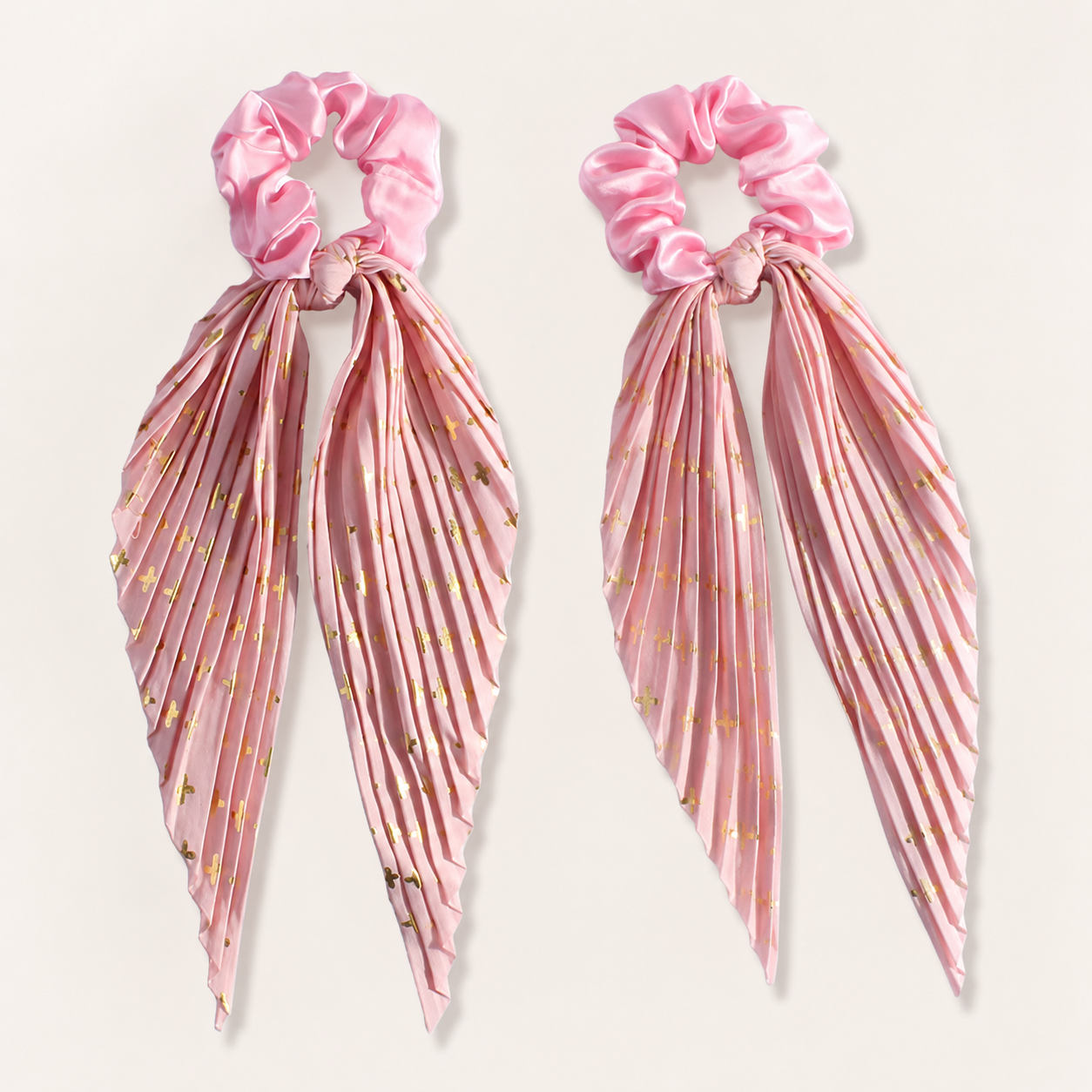 Pink Vintage Ribbon Ponytail Scrunchie 2 Pack for Women Pleated Satin Hair Tie view 3