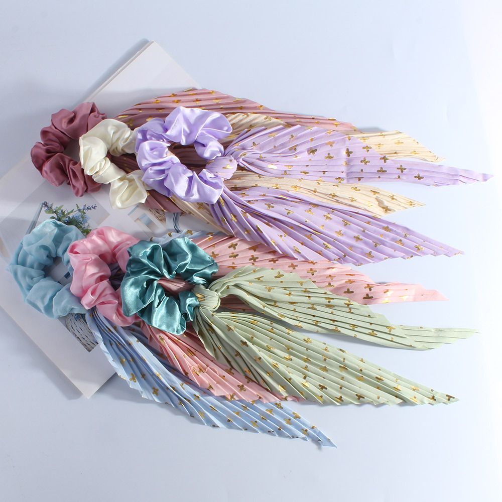 6 Pack Vintage Ribbon Ponytail Scrunchies for Women Pleated Satin Hair Ties view 4