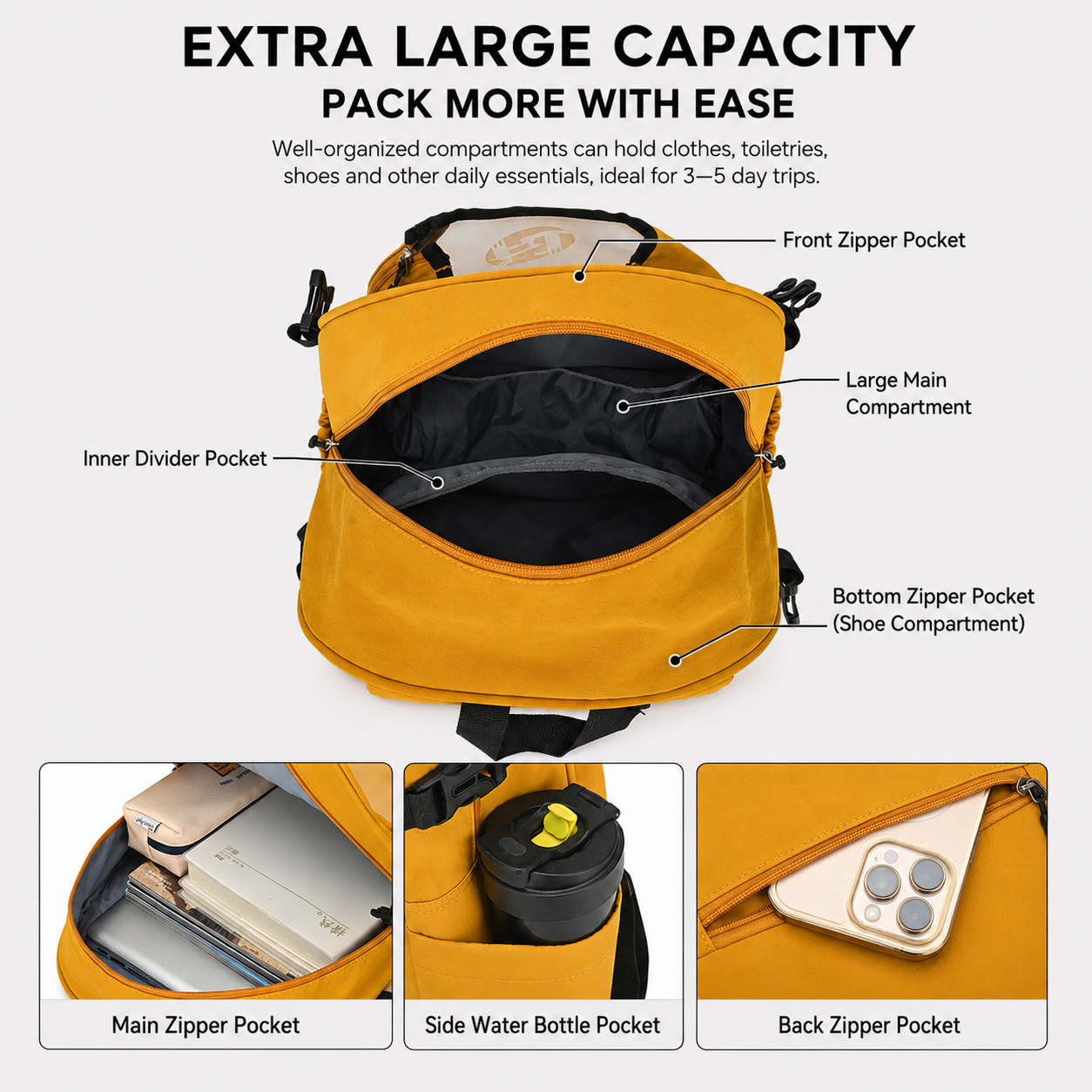 White Sports Racket Backpack - Lightweight Casual Travel Bag with Separate view 4