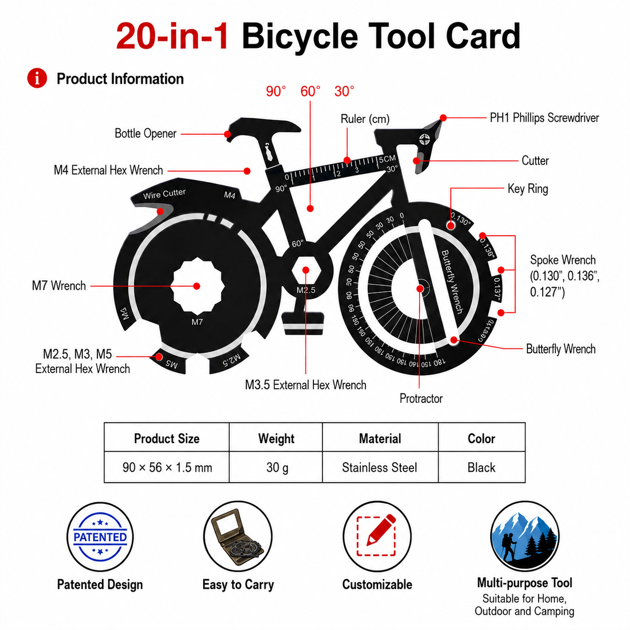 20-in-1 Bicycle Multi Tool Card Stainless Steel Bike Repair Tool with Wrench view 2