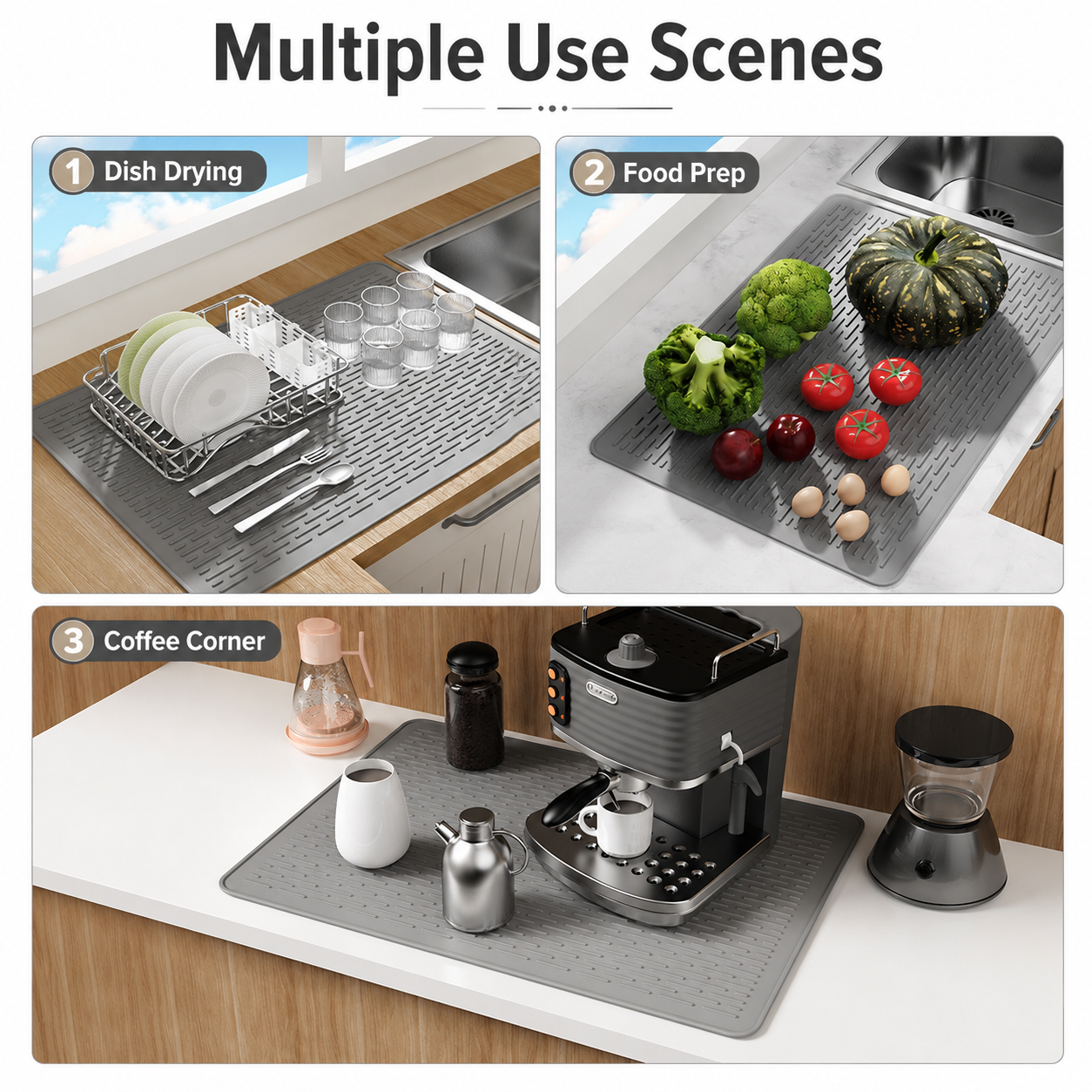 Grey Silicone Countertop Protector and Dish Drying Mat - Dishwasher Safe (71x50cm) view 2