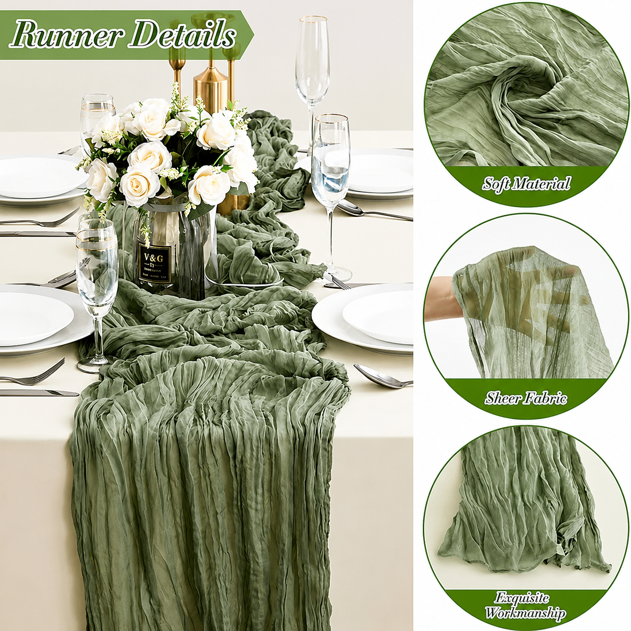 Table Runner -Grass Green 9.84ft Wrinkle Fabric Table Decor for Wedding view 2