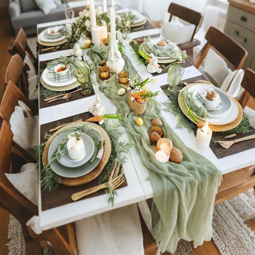 Table Runner -Grass Green 9.84ft Wrinkle Fabric Table Decor for Wedding view 7