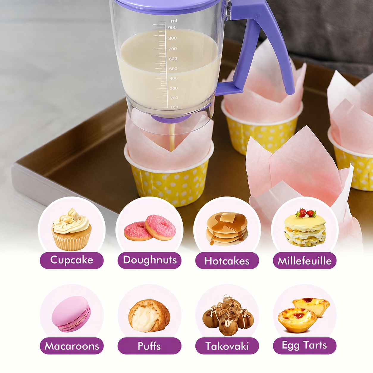 Handheld Batter Dispenser - 900ml with 50 Pink Cupcake Liners for Baking view 3
