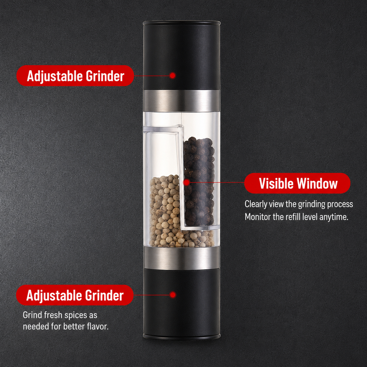 Dual Head Manual Pepper Grinder Silver Spice Mill with Adjustable Coarseness view 5