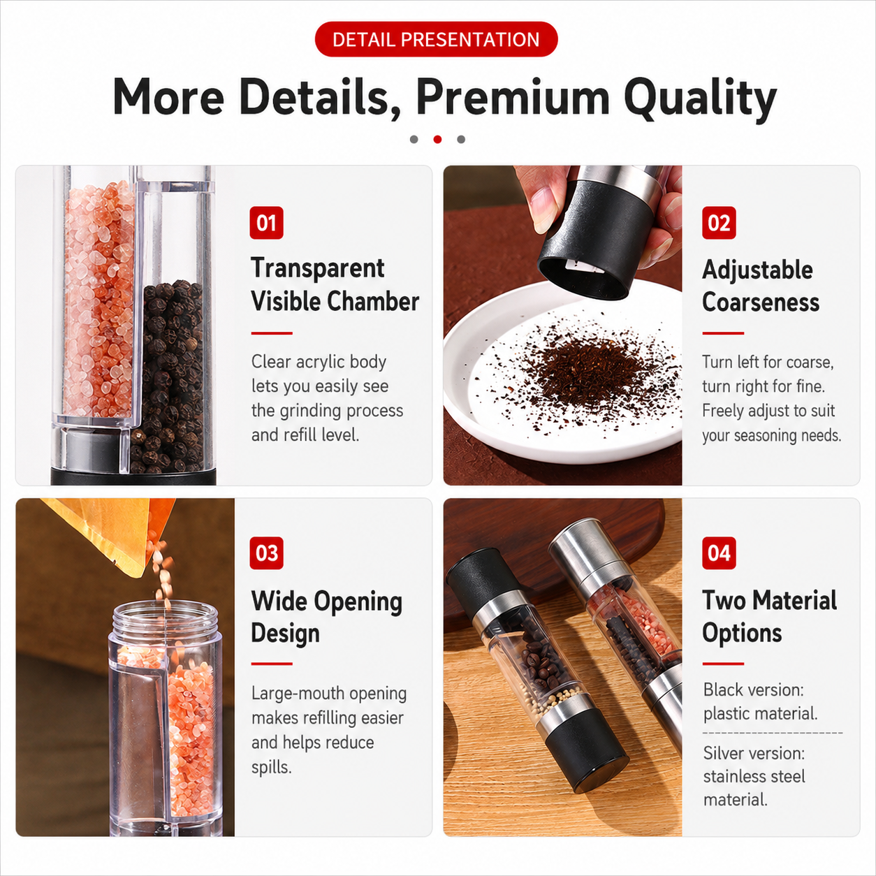 Dual Head Manual Pepper Grinder Silver Spice Mill with Adjustable Coarseness view 6