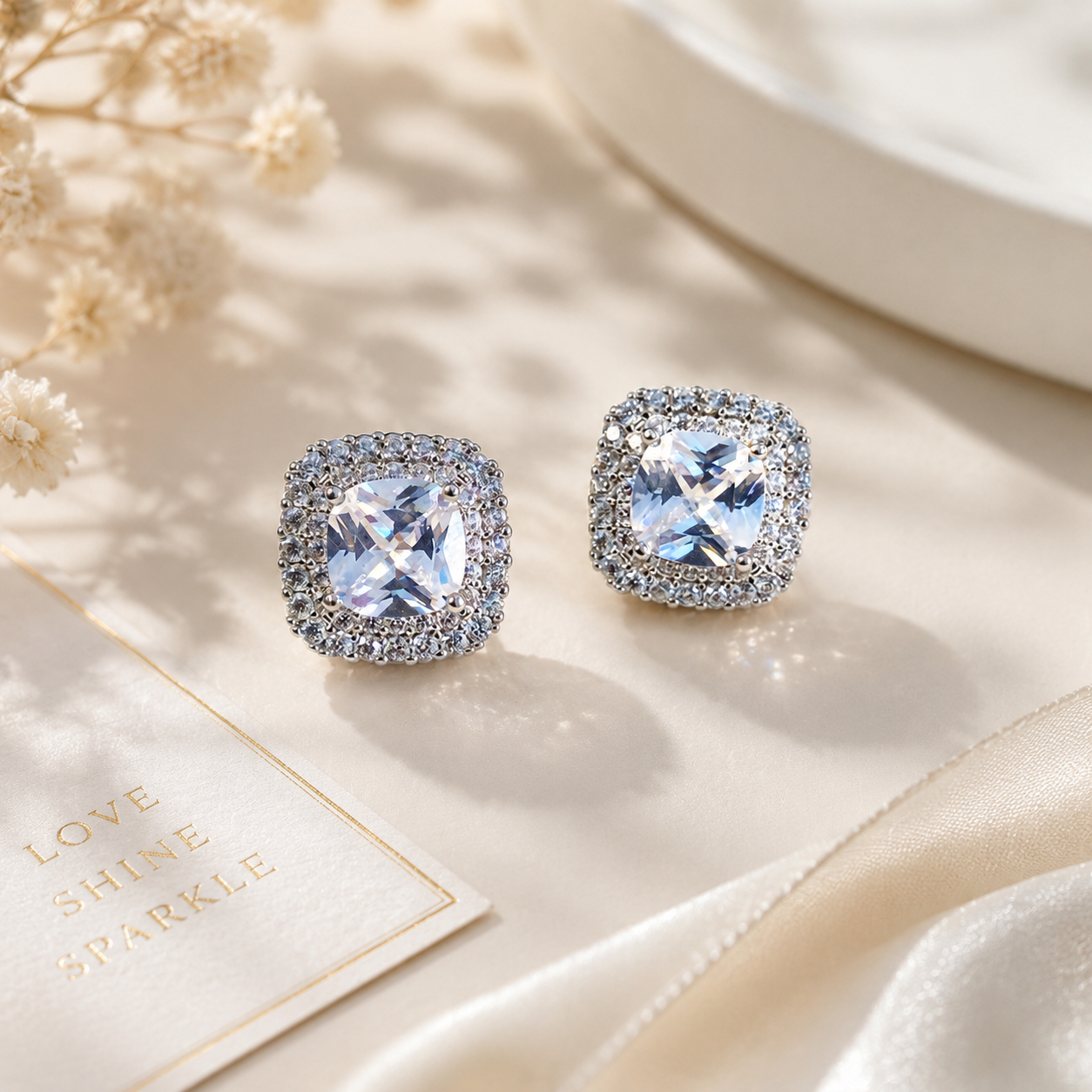 Cushion Cut Stud Earrings - 1.1cm Square Zircon Earrings view 2
