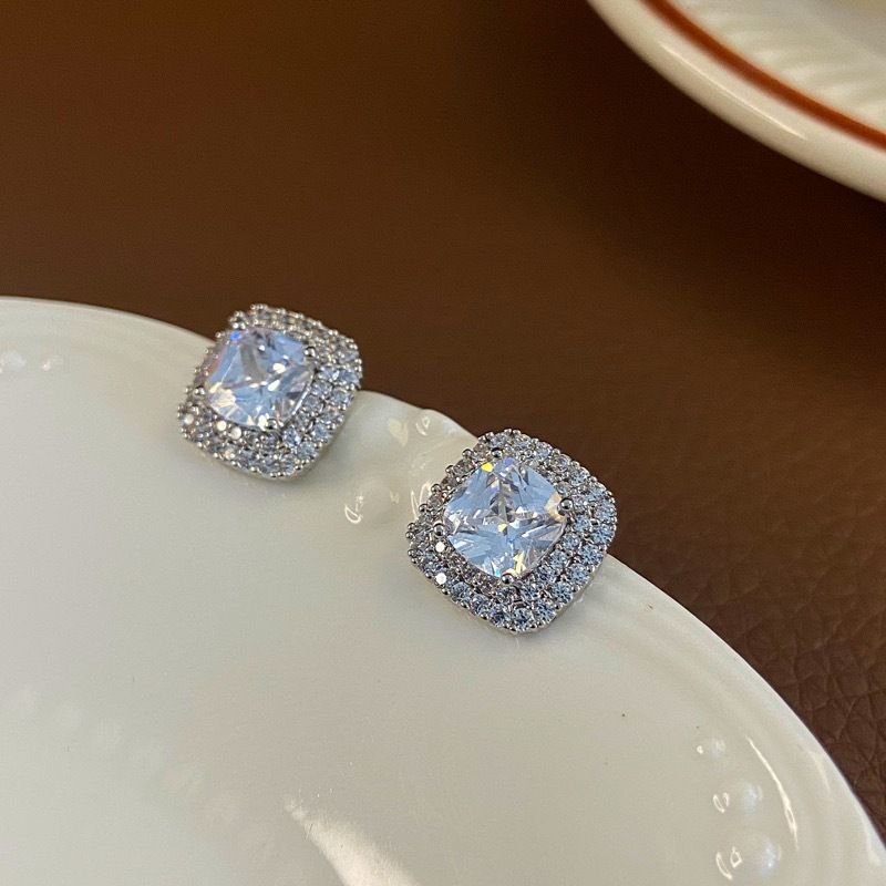 Cushion Cut Stud Earrings - 1.1cm Square Zircon Earrings view 4