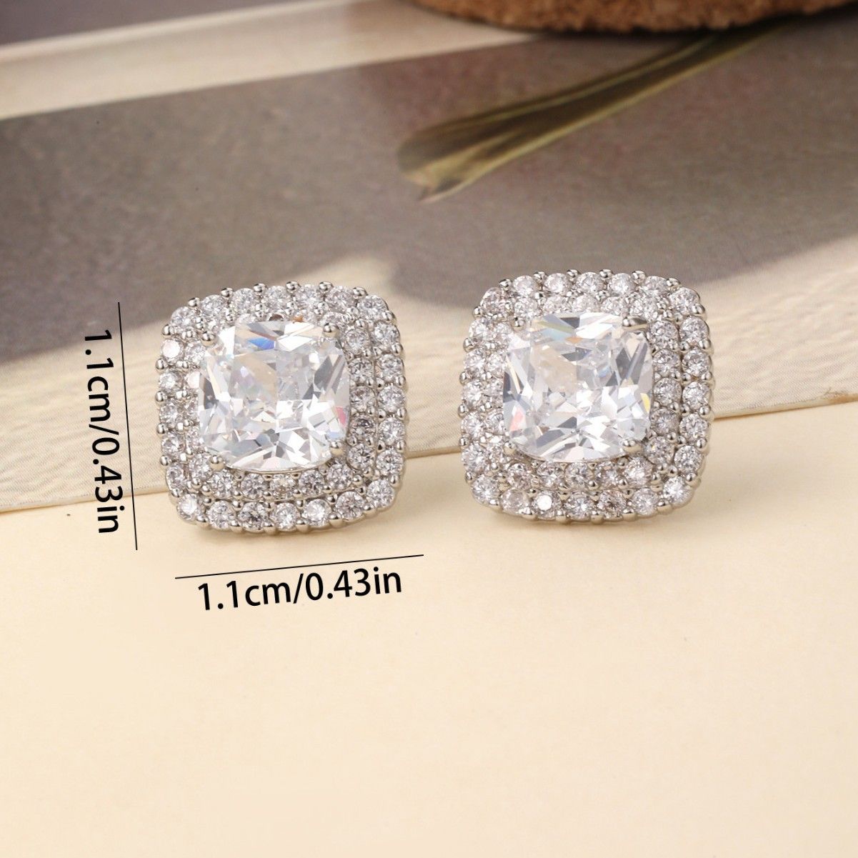 Cushion Cut Stud Earrings - 1.1cm Square Zircon Earrings view 5