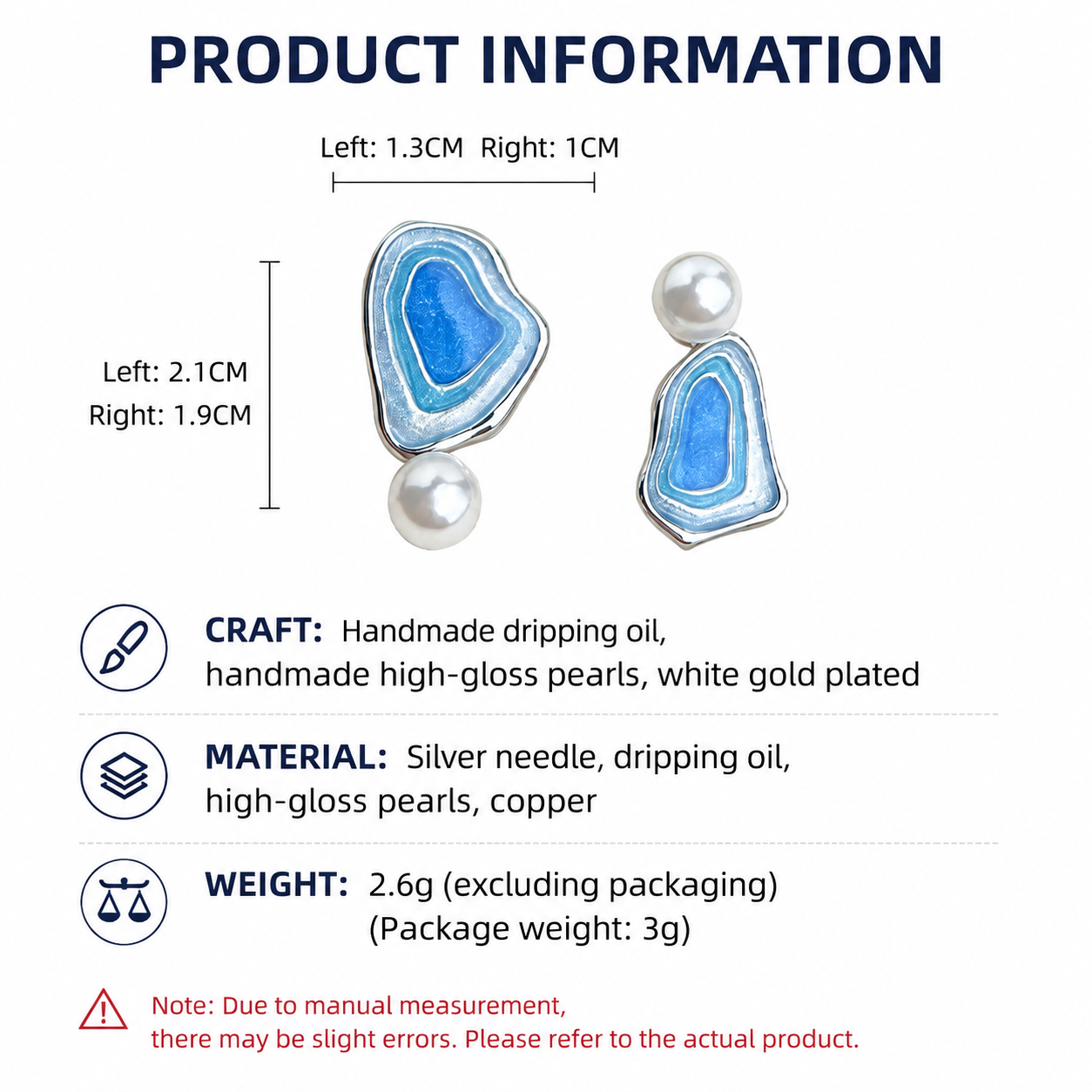 Blue Enamel Pearl Drop Earrings - Asymmetric Silver Needle Earrings with view 5