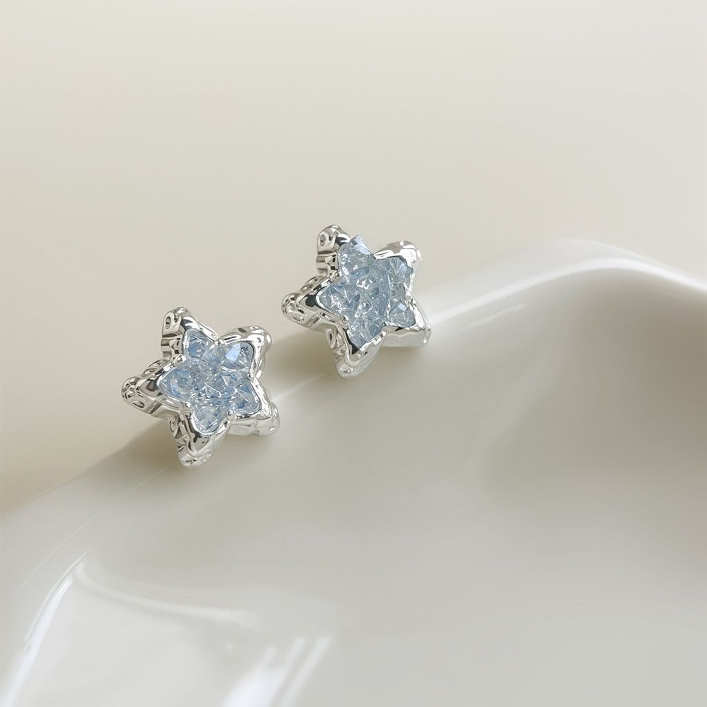 Blue Crystal Star Stud Earrings for Women - Silver Plated Star Shape Earrings view 2