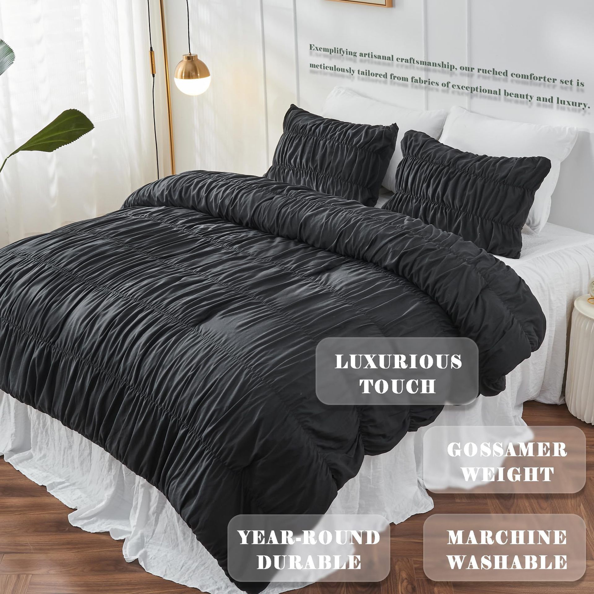 Wrinkle Textured Bedding Set - 3 Piece Quilt Cover and Pillowcase Set - Black view 2