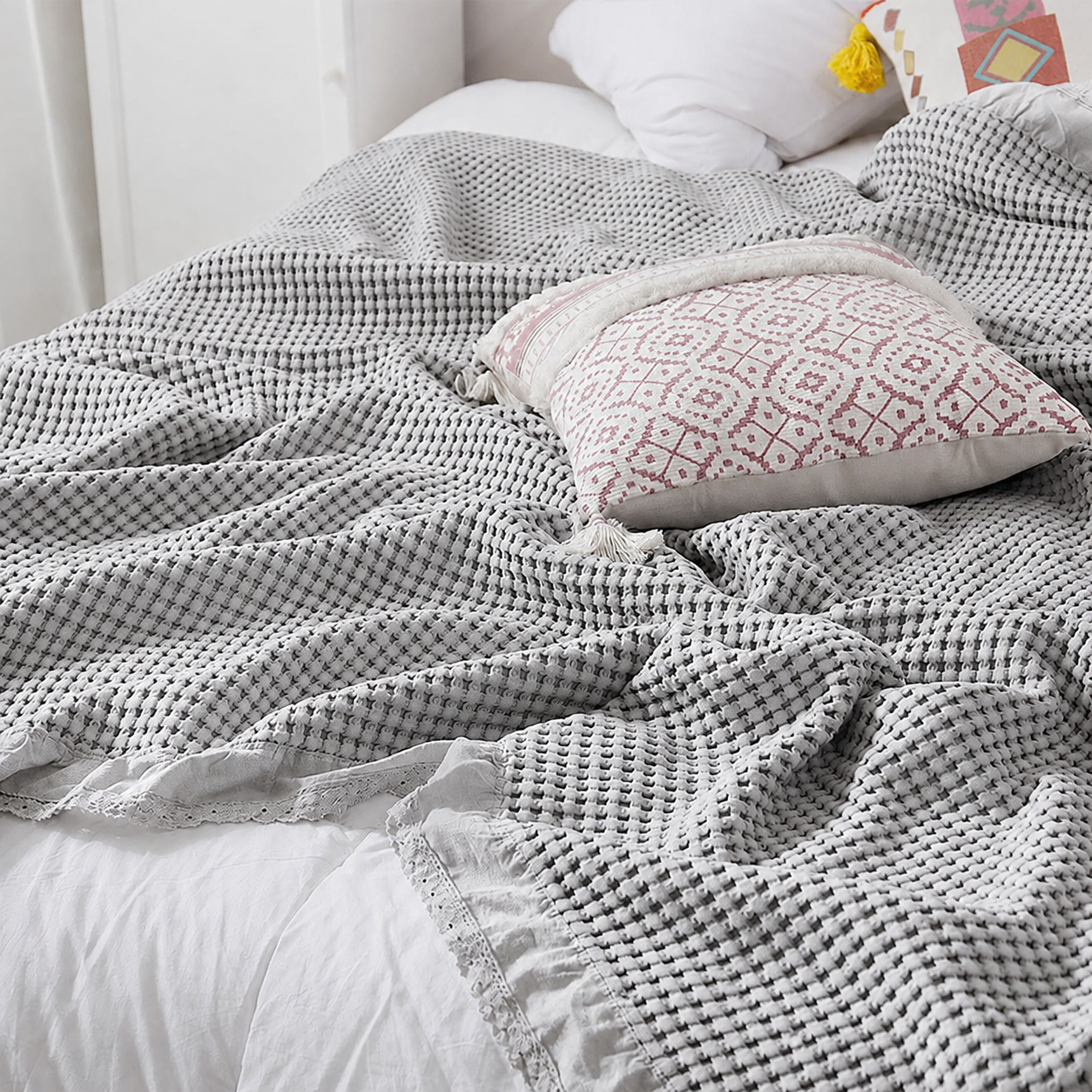 Cotton Waffle Blanket - Grey Textured Throw 200x230cm for Sofa view 2