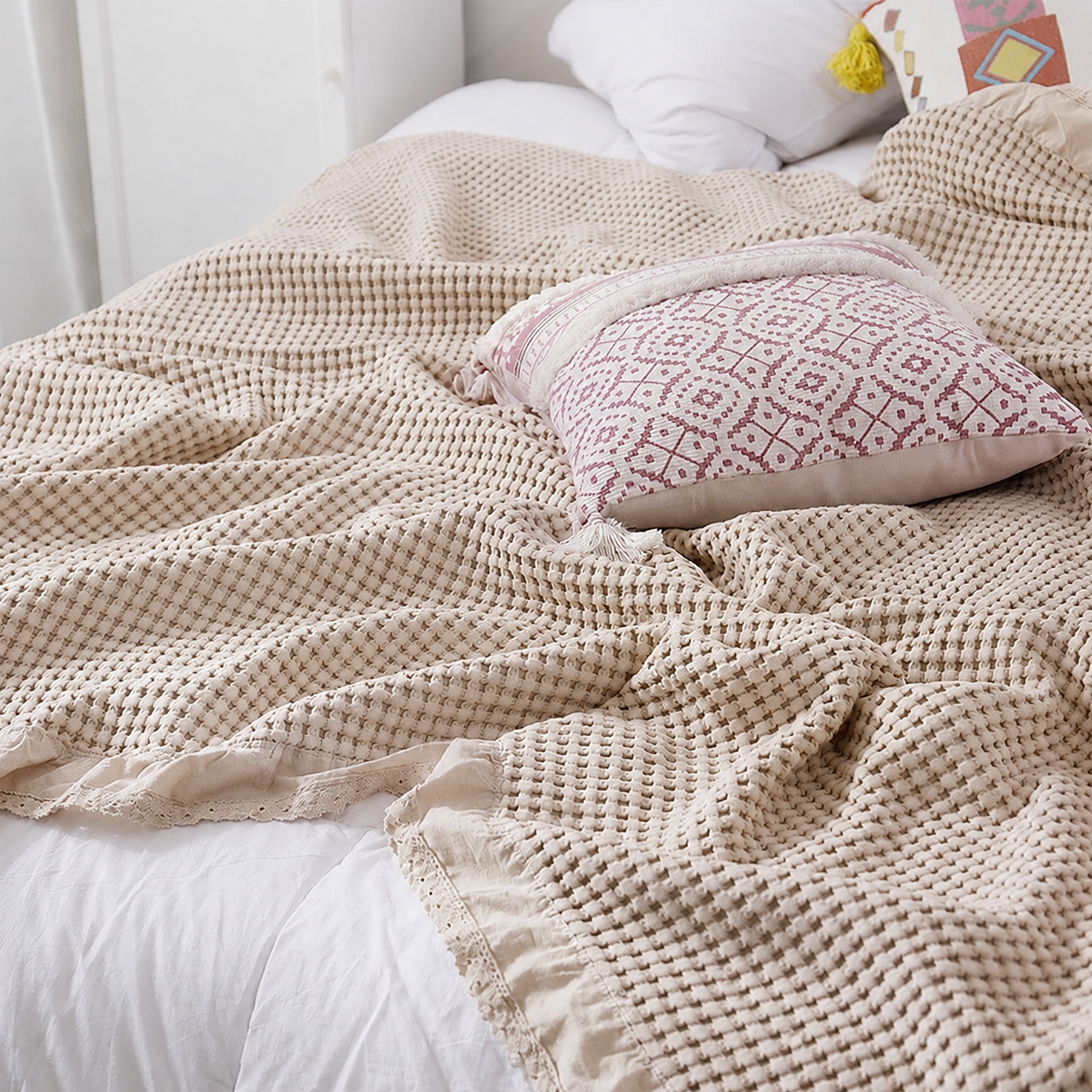 Cotton Waffle Blanket - Beige Textured Throw 150x200cm for Sofa view 2