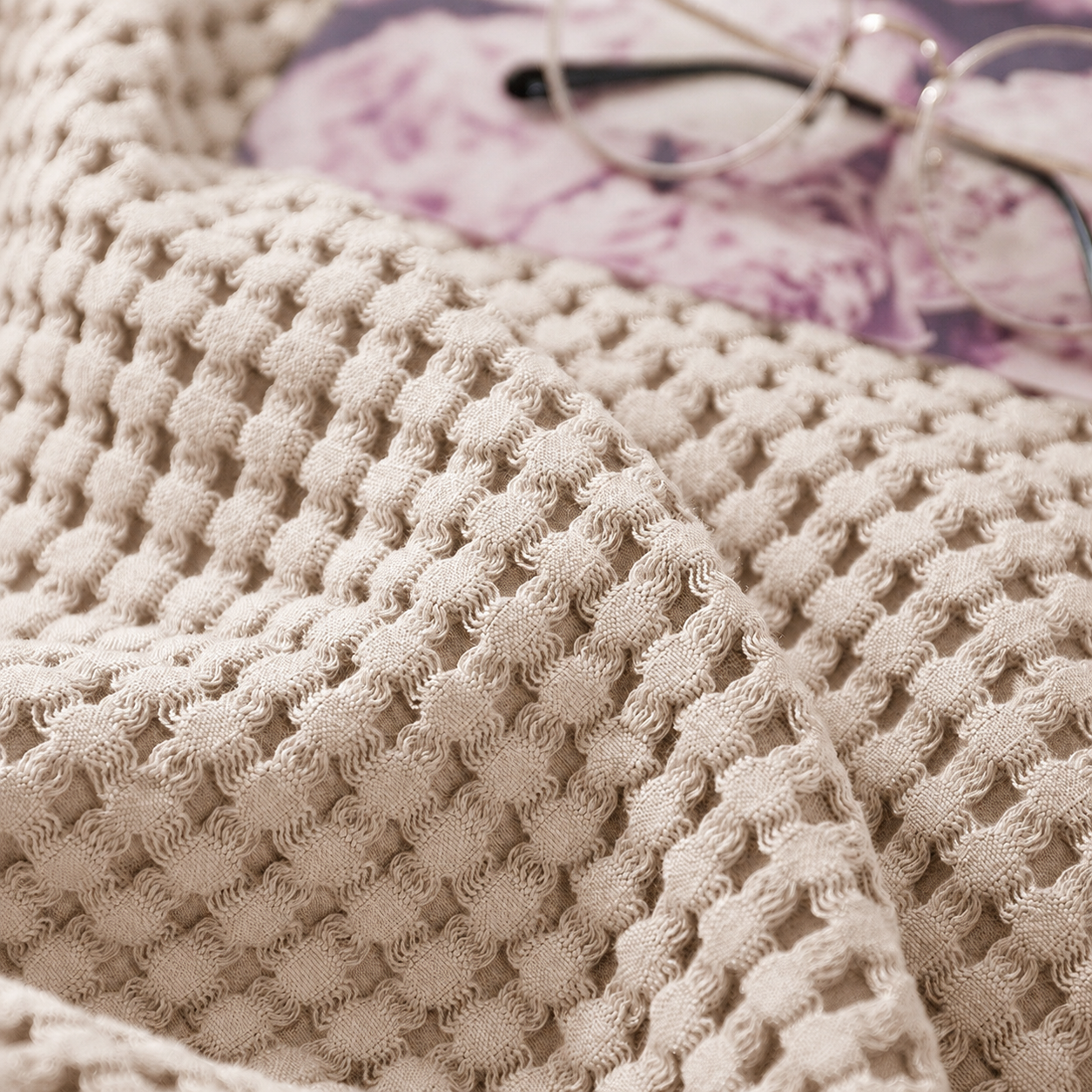 Cotton Waffle Blanket - Beige Textured Throw 150x200cm for Sofa view 3