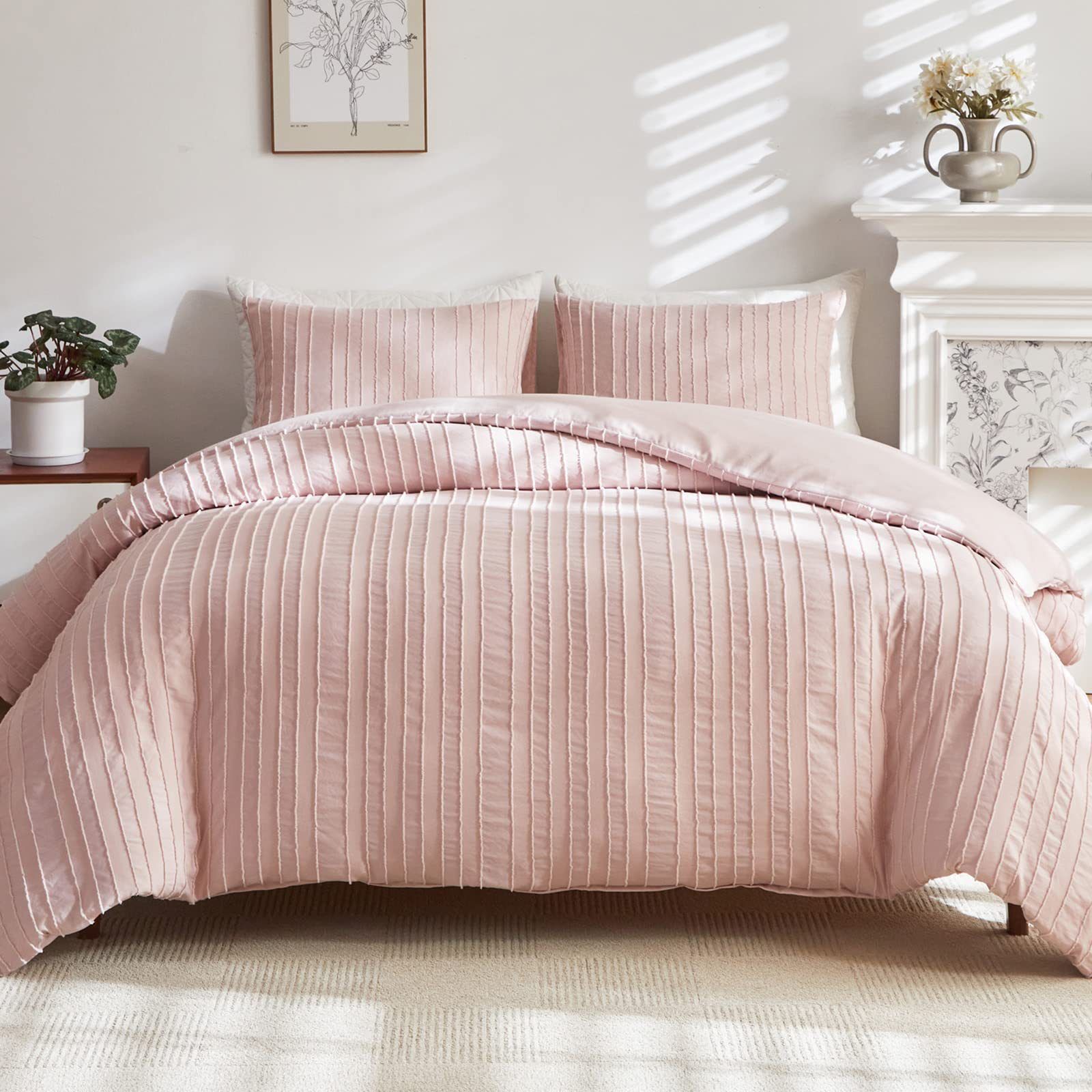 Pink Tufted Stripe Bedding Set - Single 2 Piece Quilt Cover and Pillowcase