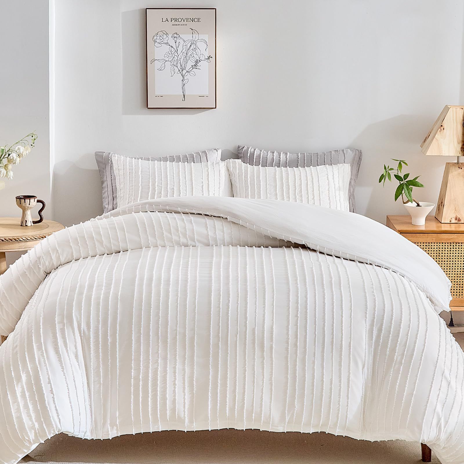White Tufted Stripe Bedding Set - 3 Piece Quilt Cover and Pillowcase Set -(King)