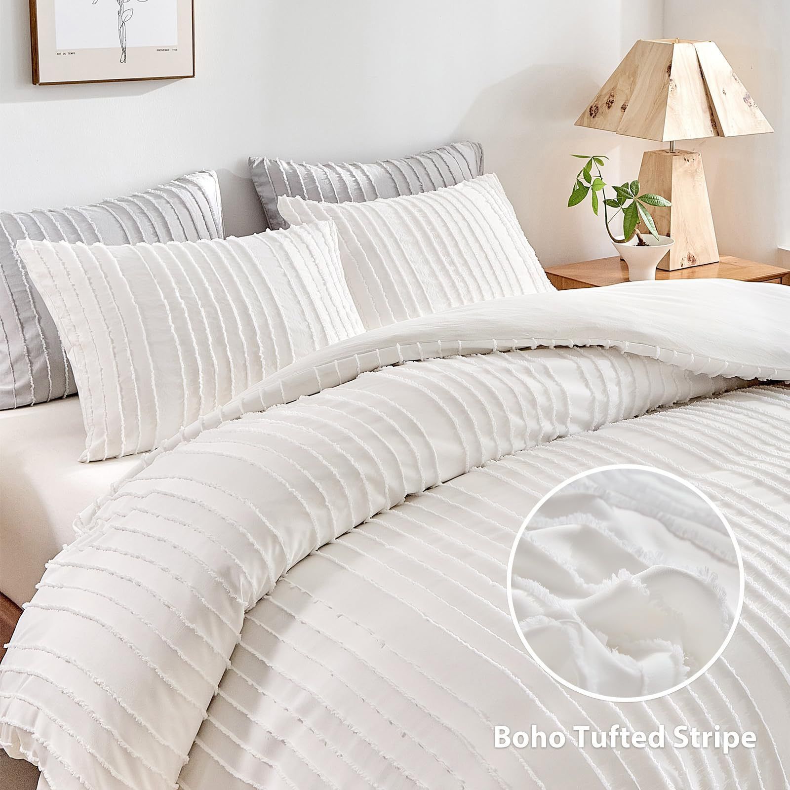 White Tufted Stripe Bedding Set - 3 Piece Quilt Cover and Pillowcase Set -(King) view 2
