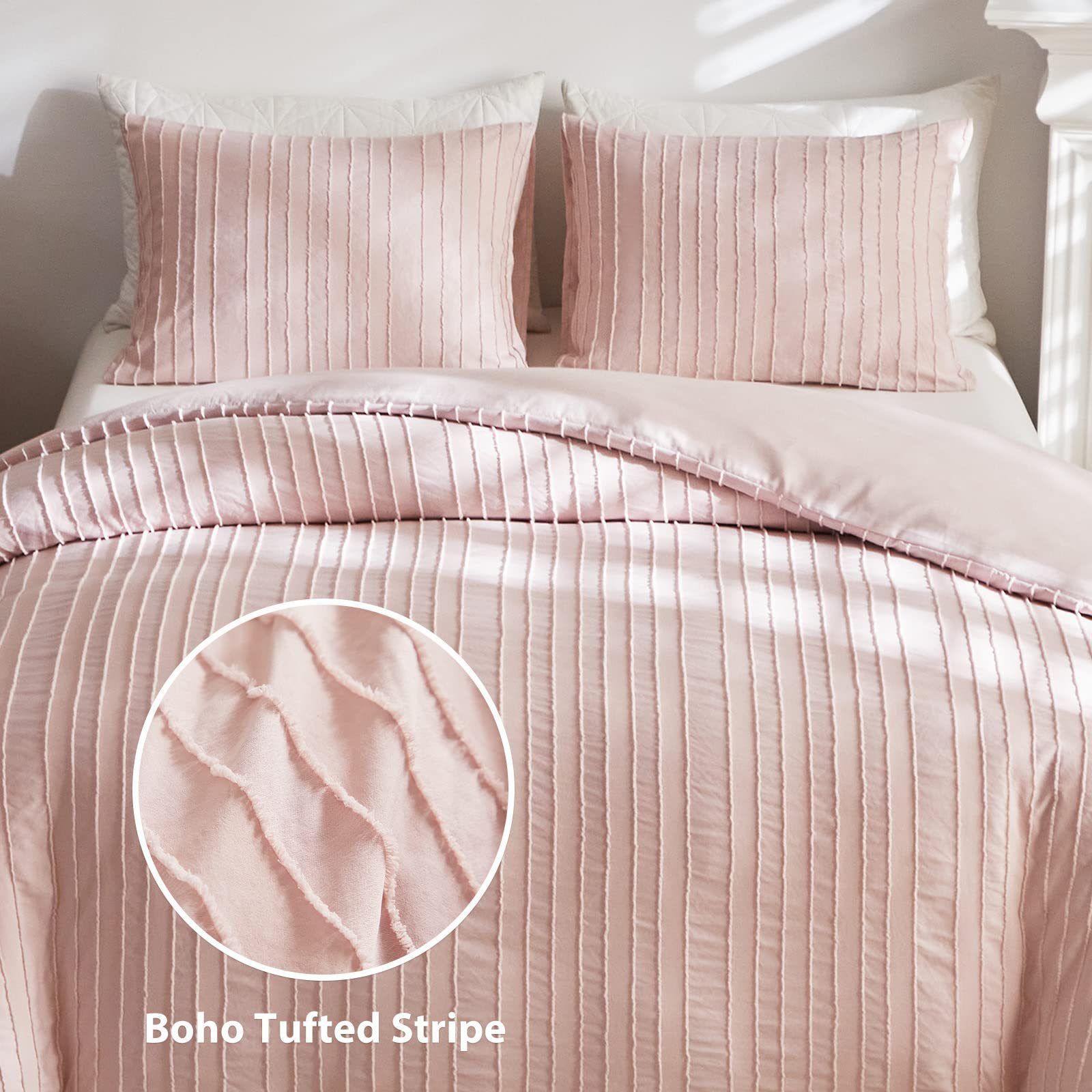 Pink Tufted Stripe Bedding Set - 3 Piece Quilt Cover and Pillowcase Set -(Queen) view 2